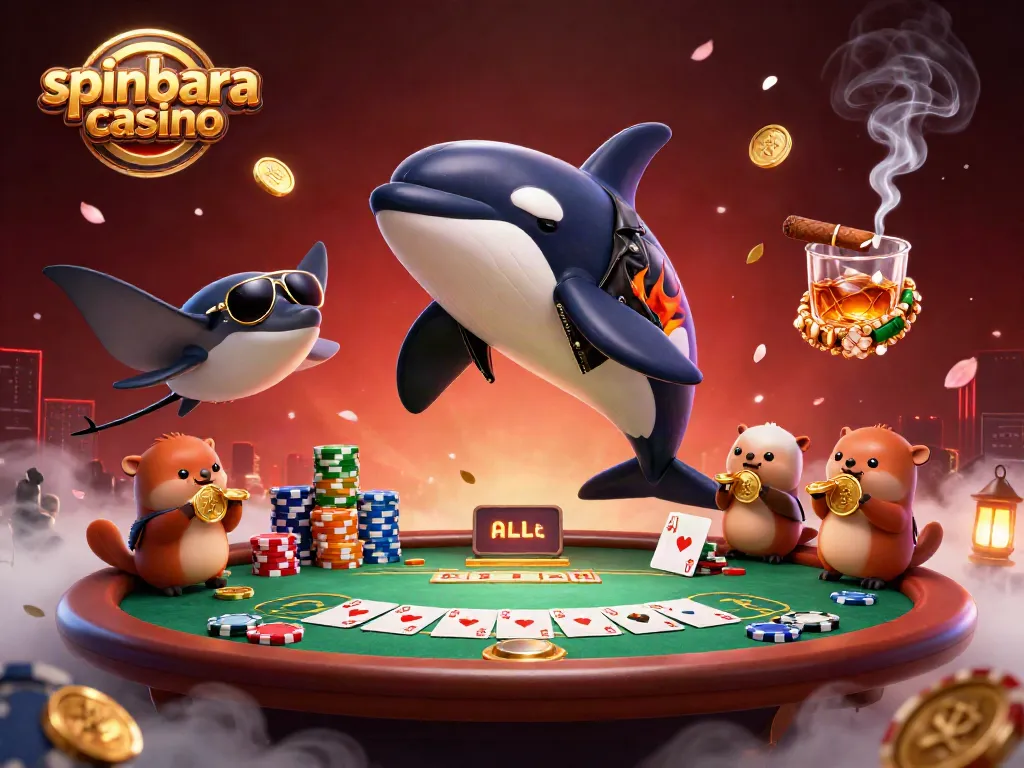 Experience the excitement of spinbara casino with vibrant 3D characters and casino elements in dynamic illustration.