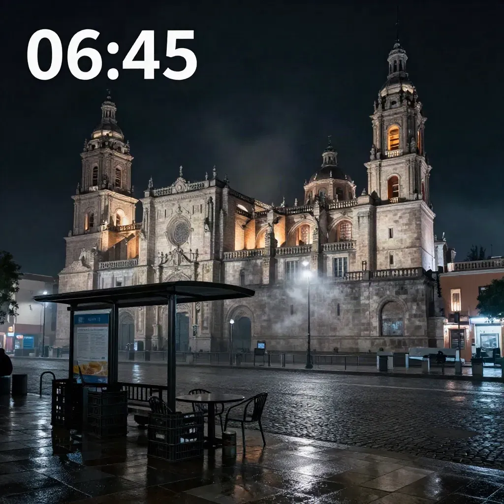 La catedral y el ayuntamiento de Guadalajara tras la llovizna, con adoquines mojados y bruma.