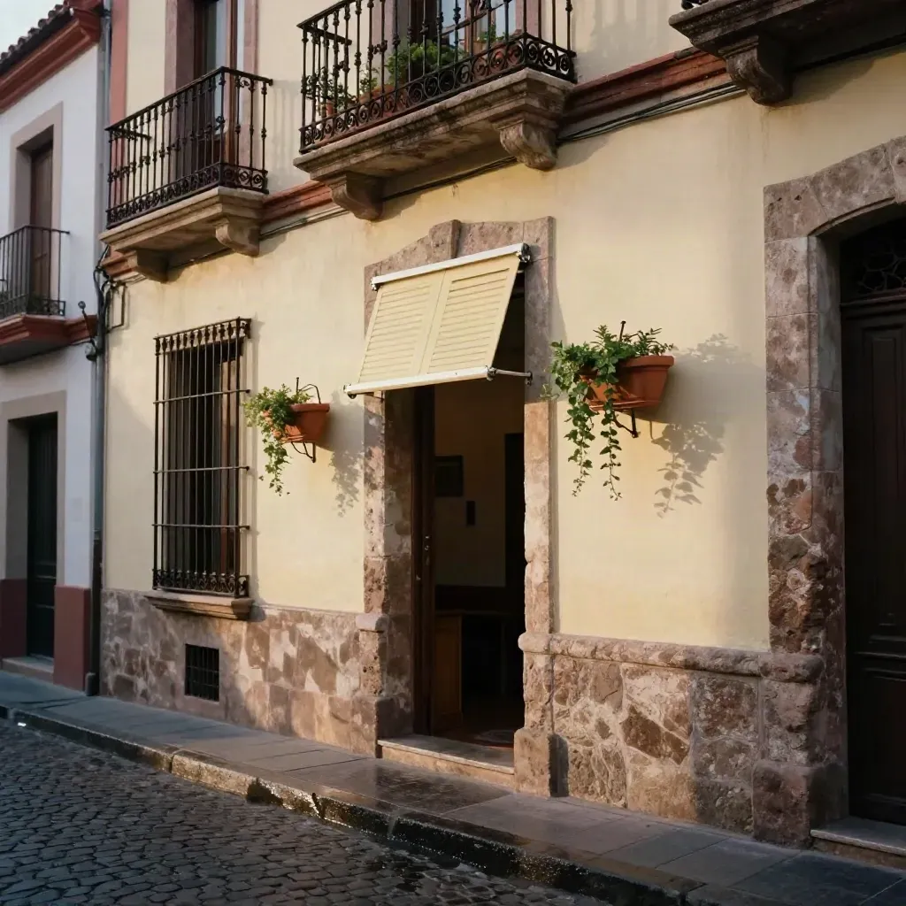 Portal de barrio con balcones de hierro, persianas a medio subir y macetas de barro al amanecer.
