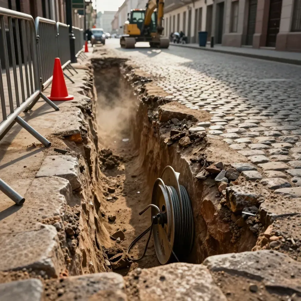 Zanja abierta en la Calle Mayor con vallas, cono rojo, bobina de cable y excavadora al fondo.