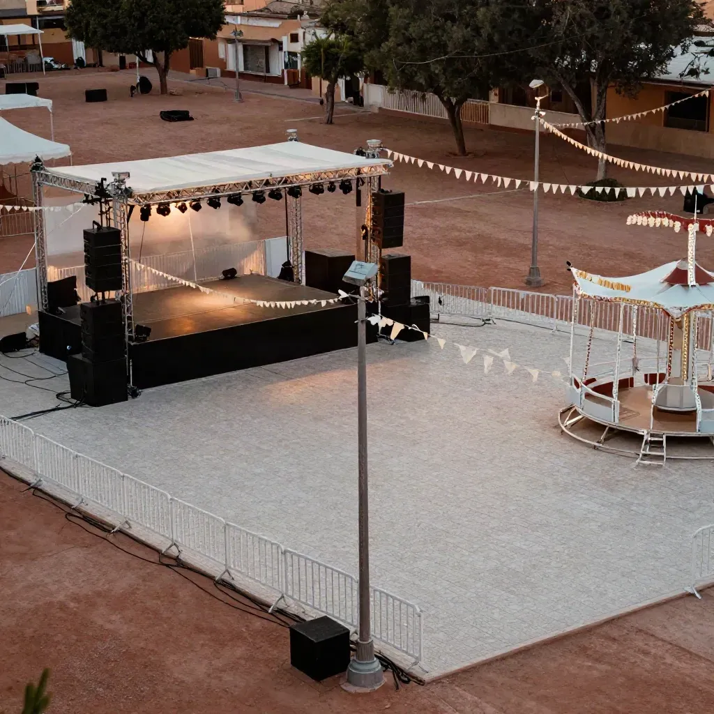 Plaza de fiestas al atardecer, con escenario, atracciones vacías y guirnaldas listas para la noche.