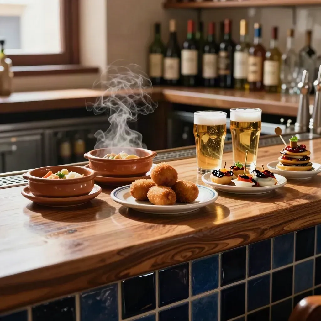 Barra de tapas con cazuelitas, pinchos y cervezas recién servidas en Guadalajara.