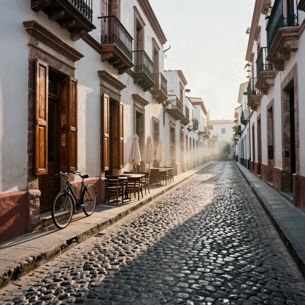 Calle empedrada del casco histórico con persianas de madera, terrazas apiladas y una bici apoyada.