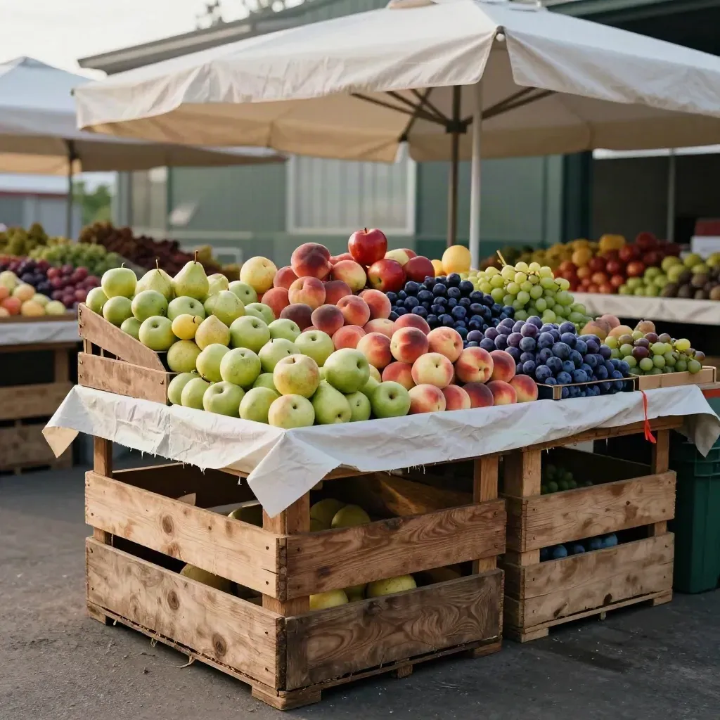 Puestos de fruta en cajas de madera bajo una nave abierta, con luz fría de mañana.