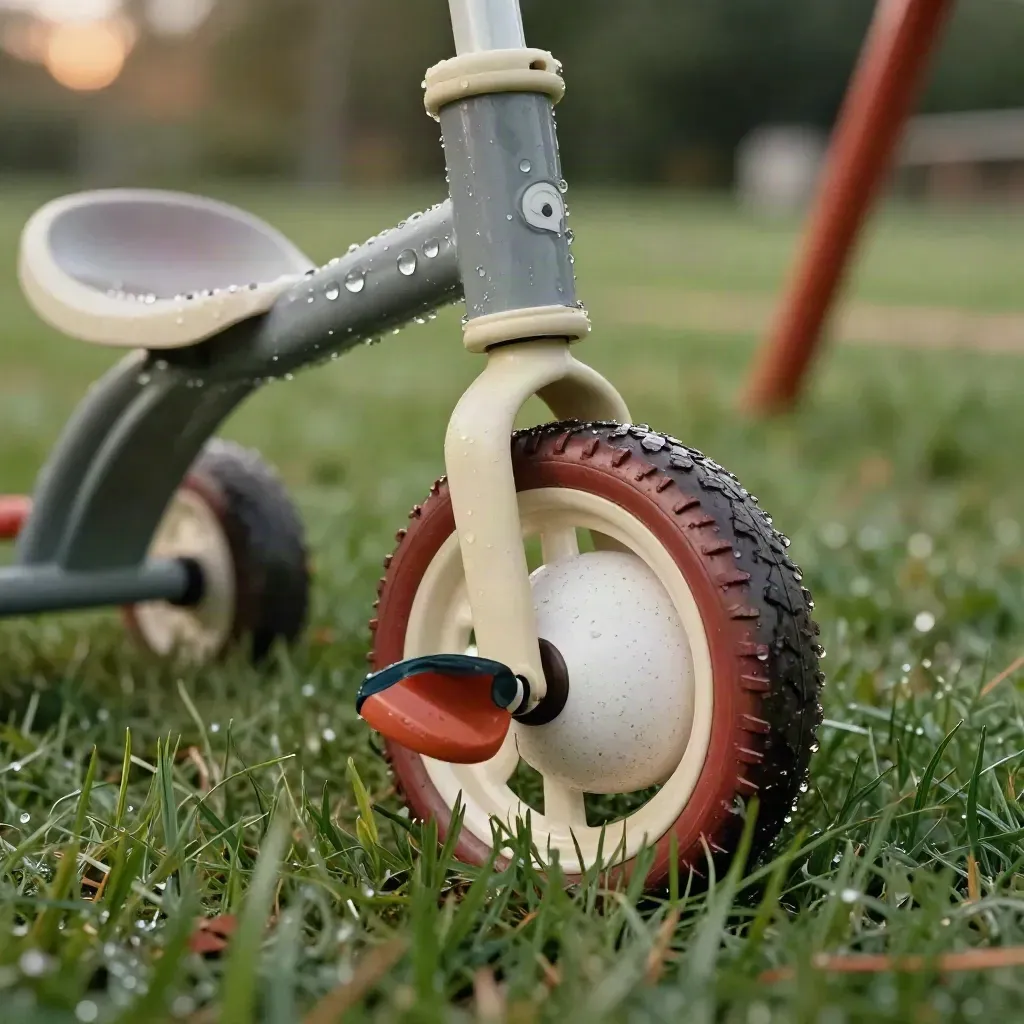 Columpio vacío, triciclo pequeño y pelota gastada sobre césped mojado en un parque tras la lluvia.