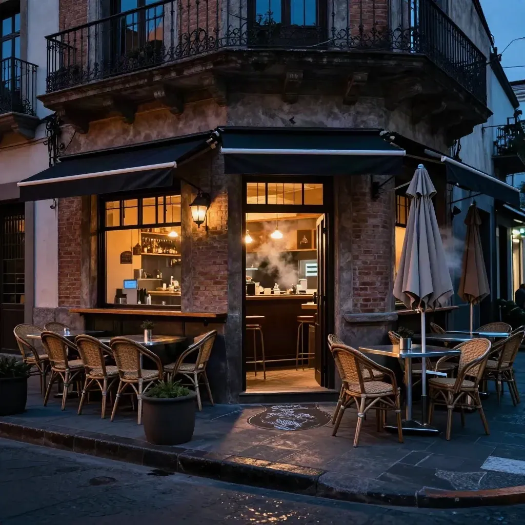 Fachada de bar con terraza montada, sillas apiladas y luz cálida interior al anochecer.