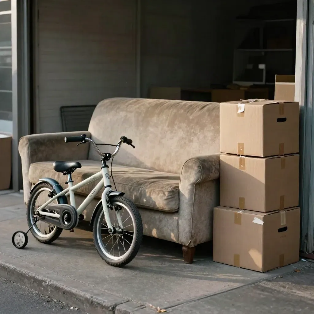 sofá usado, bici infantil y cajas apiladas frente a un local cerrado al atardecer