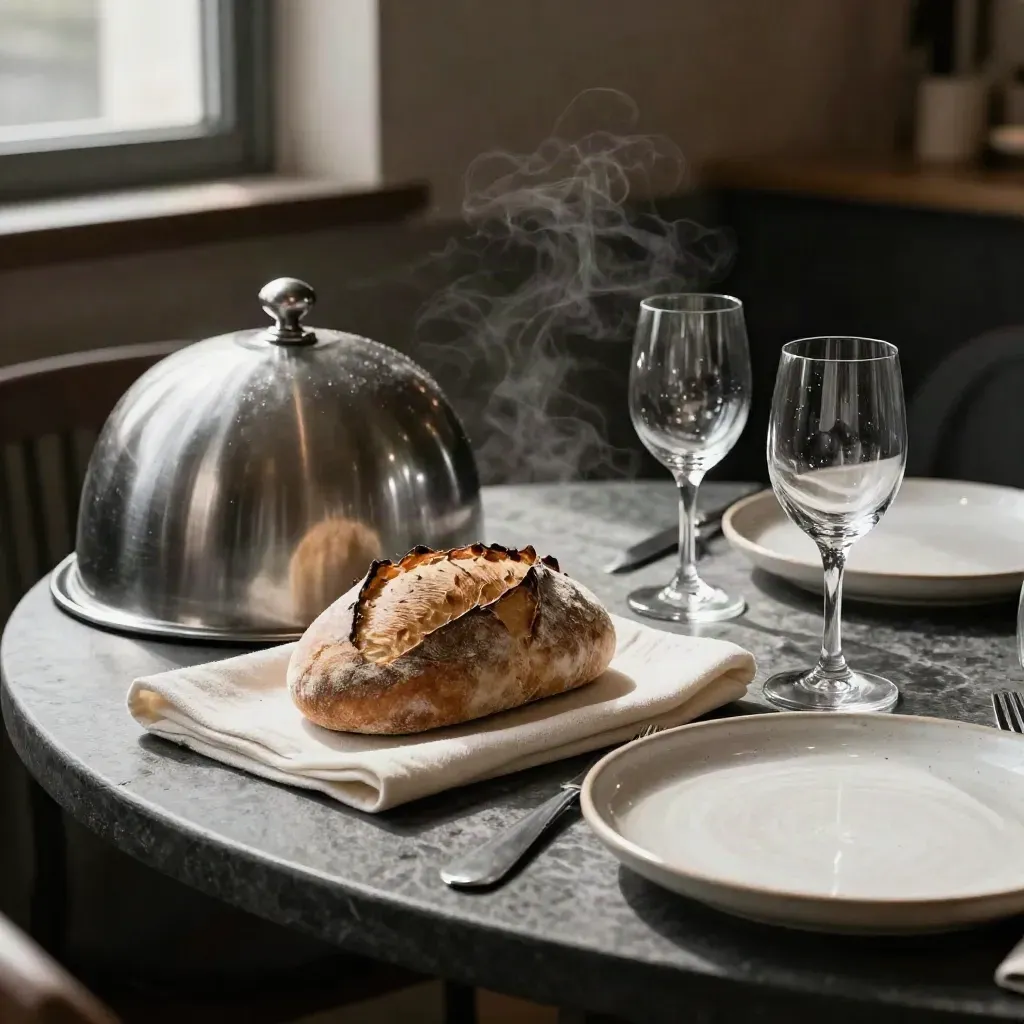 Mesa de restaurante con cloche metálico, pan, copas vacías y cerámica artesanal.
