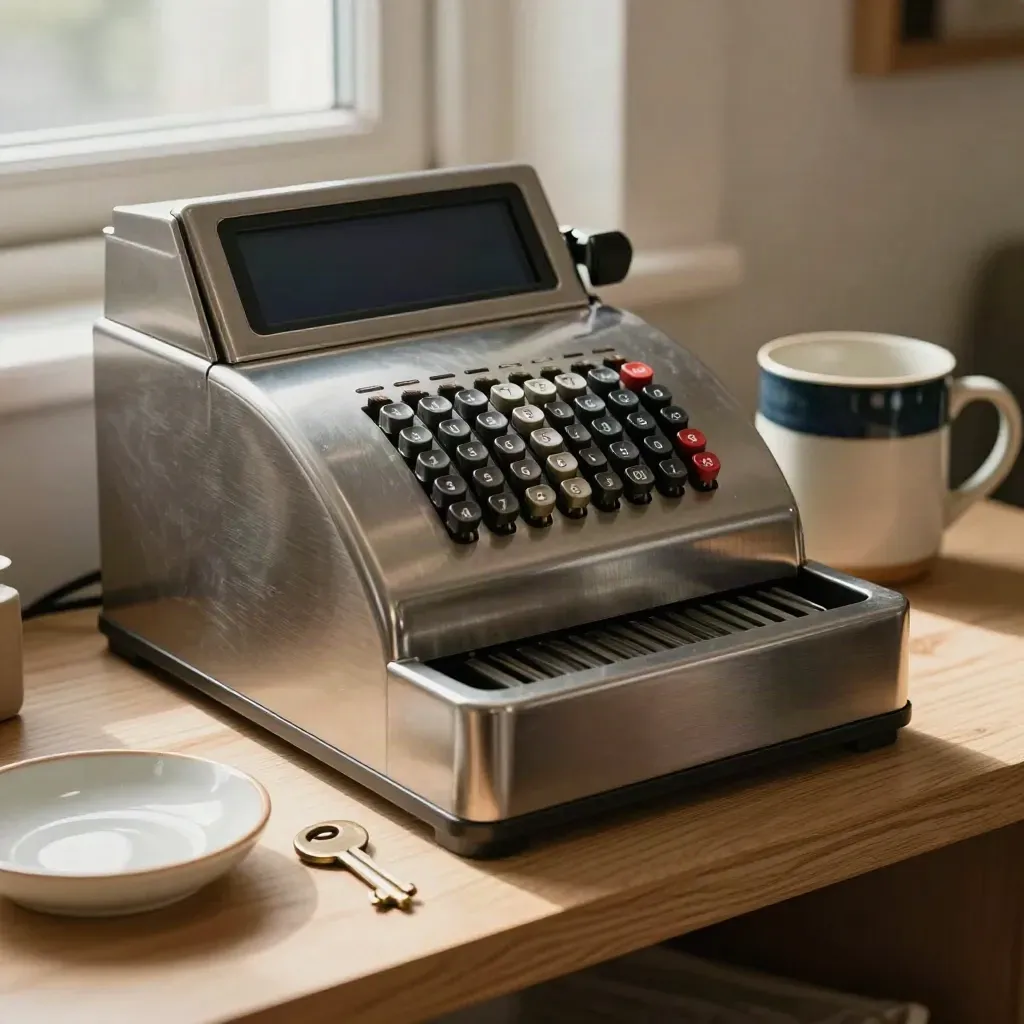 Caja registradora compacta, llave de tienda y taza de gres sobre repisa de madera clara.