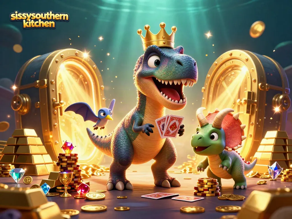 Sissyssouthernkitchen showcases playful T-Rex and friends in a vibrant casino scene, shuffling cards.