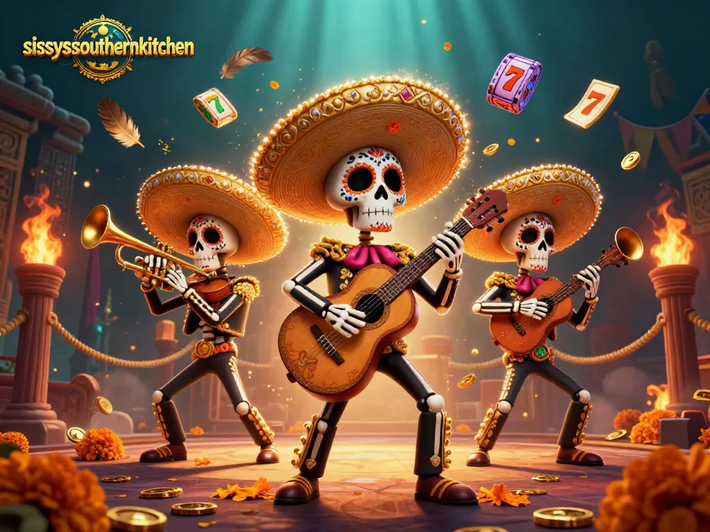 Sissyssouthernkitchen illustrates a vibrant casino scene with Day of the Dead mariachi characters amidst golden slot reels and tokens.